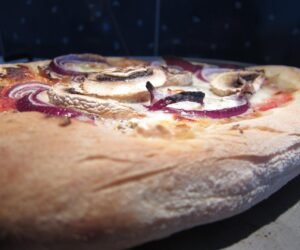 Pizza mit Pilzen und roten Zwiebeln
